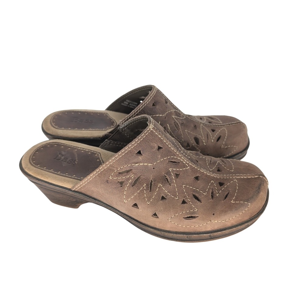VTG Y2K Bass Leather Clog Mules Womens 8 Brown Laser Cut Floral Wedge Boho Retro